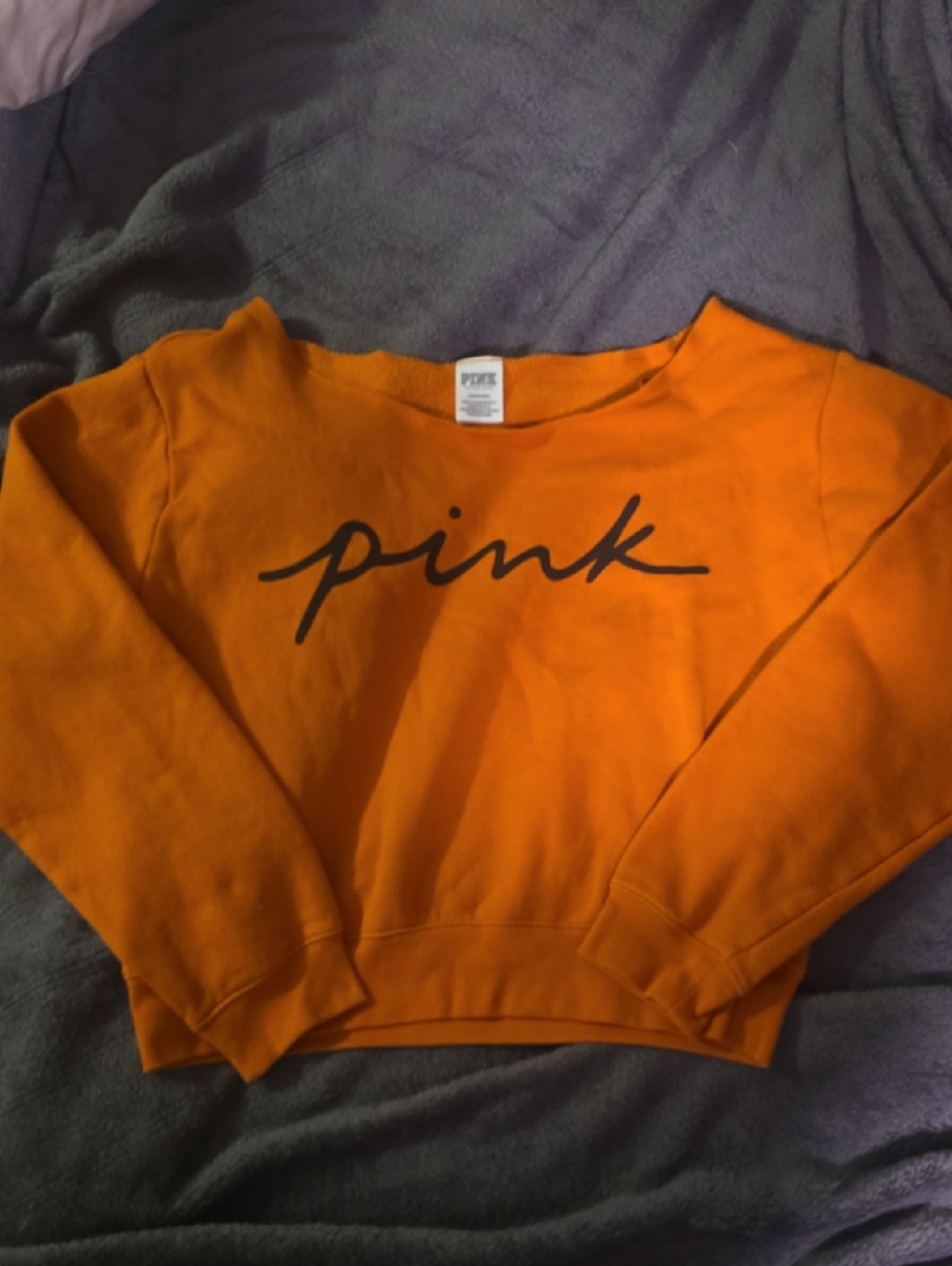 PINK Victoria's Secret Orange Crewneck with Black Script Logo